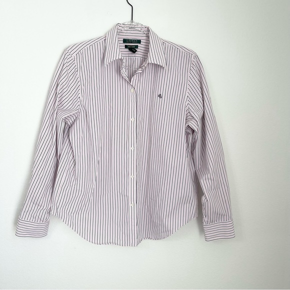 Lauren Ralph Lauren Tops - Ralph Lauren Womens S Pink Black Striped Non Iron Button Up Dress Shirt Logo L